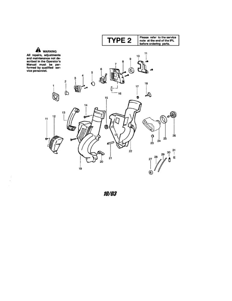 Housing/Fuel Tank Diagram and Parts List for BV200 Type 2 RECON Weed Eater Leaf Blower / Vacuum